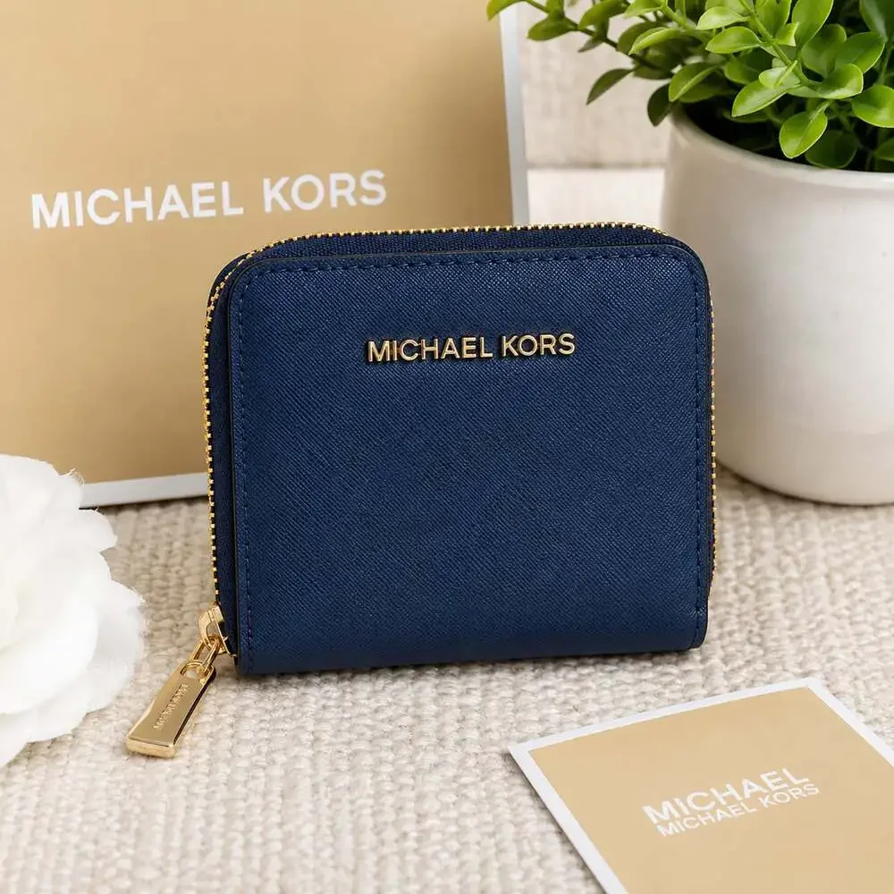 Michael Kors Jet Set Travel Bifold Zip Around Wallet in Navy Saffiano Leather